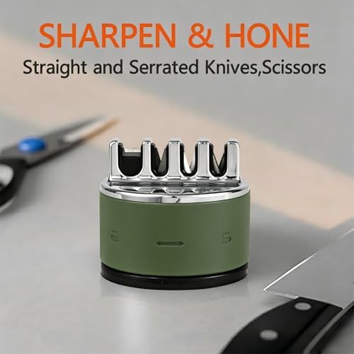 VIRO Compact Suction Kitchen Chef Knife Scissors Sharpener for Straight & Serrated Knives, 4-Stage Knife Sharpening Tool Helps Repair and Restore Blades (Olive Green)