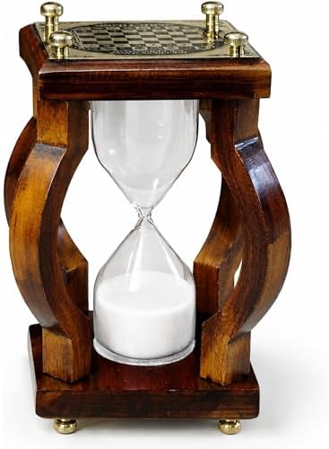 Wooden Hourglass Sand Timer, White Sand, Brass Accents