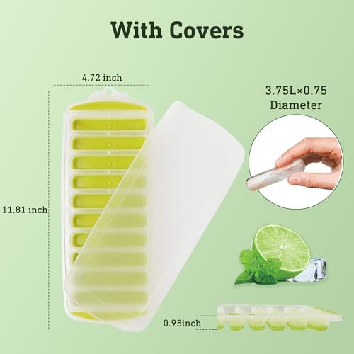 Lily's Home Silicone Ice Cube Tray with Lid Set of 2, BPA-Free, Ideal for Water Bottles & Sports Bottles, Flexible & Stackable Design for Quick Release, Ice Cube Trays for Freezer(11.81"*4.72"*0.95")