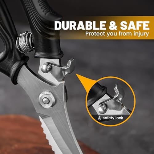 Poultry Shears, Heavy Duty Poultry Scissors & Chicken Shears for Easier Spatchcock, Cutting Chicken Bones, Meat, Turkey, Fish & Herbs. Spring-Loaded, Safety Lock & Dishwasher Safe