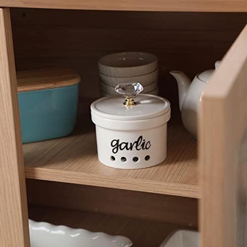 Garlic Keeper with Crystal Lid, 12.5 oz Ceramic Garlic Saver Container for Countertop, Farmhouse Kitchen Decor (Gold)