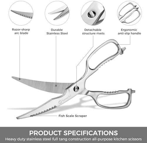 Sunnecko Heavy Duty Kitchen Scissors - Stainless Steel Kitchen Shears, Ultra Sharp Micro Serrated Poultry Shears, Cooking Scissors for Meat, 9 Inch Curved Blades