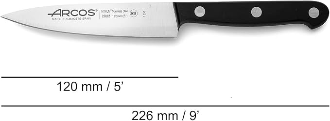 Arcos Chef Knife 5 Inch Stainless Steel. Cooking Knife to Cut and Peel Small Food. Ergonomic Polyoxymethylene Handle and 120mm Blade. Series Universal. Color Black