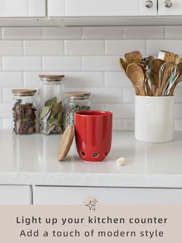 LEETOYI Ceramic Garlic Keeper for Counter, Garlic Holder with Wood Lid (Red)