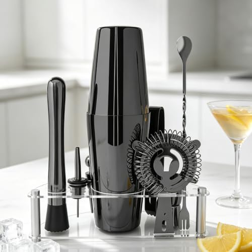 9-Piece Cocktail Shaker with Stand, 25oz Bartender Kit, Cocktail Shaker with Strainer Set, Boston Shaker Set, Bar Set Jigger for Bartending Drink Mixer Set, Cocktail Set Recipes (Black-25/20oz)