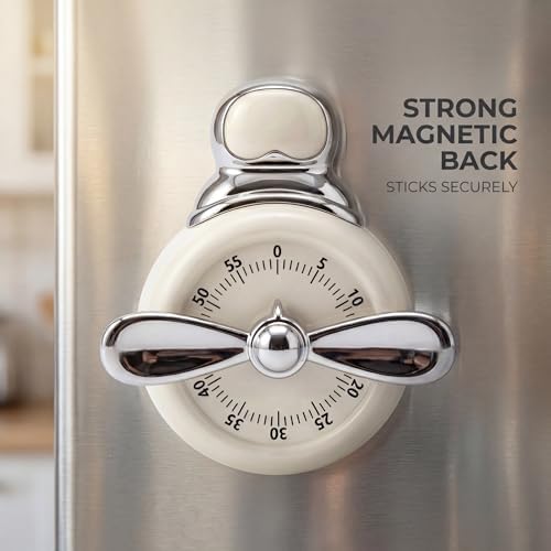 Visual Timer, Cute Magnetic Mechanical Kitchen Timer for Cooking, No Batteries Required, 60-Minute Countdown Clock for Study, Classroom, Baking, Yoga, Pomodoro - Loud Alarm (Cream White (Pilot Style))