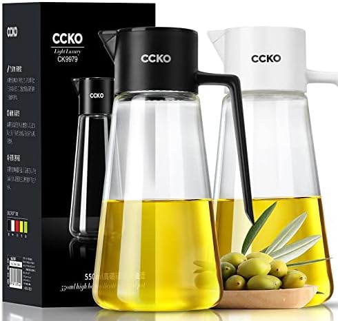 CCKO Glass Olive Oil Dispenser Bottle with Auto Flip Spout 19oz Olive Oil Bottle for Kitchen, No Drip Cooking Oil Dispenser for Soy Sauce, Syrup, Vinegar, Salad Dressing Container (Black)