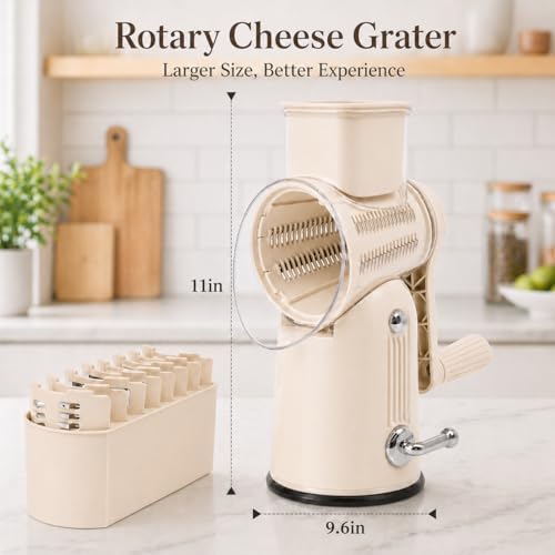 5 in 1 Rotary Cheese Grater with Hand Crank,Cheese Shredder (Beige)