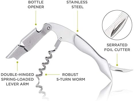 True Sommelier Waiters Corkscrew Wine Opener, Stainless Steel with Built-in Bottle Opener and Sharp Foil Cutter for Bartenders, Home Bar, Kitchen, Travel, Gifts for Wine Lovers, Set of 1, Silver