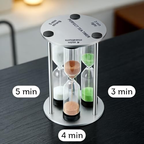 Lily's Home 3.5" Tall 3-in-1 Perfect Tea Timer, Includes 3, 4, and 5 Minute Sand Hourglass Timers, Use for Making Tea or Keeping Time Around The Kitchen, Brushed Stainless Steel Frame, Cylindrical