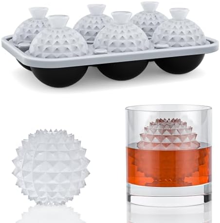 6 Chamber 1.83” 3D Crystal Round Ball Ice Cube Tray With Funnel,Large Circle Ice Molds Silicone Fun Shapes Whiskey Sphere Ice Tray,For Chilling Whiskey,Cocktails,Bourbon,Brandy and Beverages