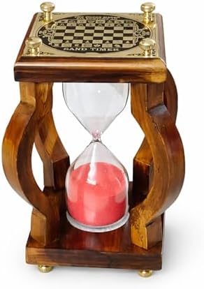 Vintage Wooden Hourglass Sand Timer with Red Sand and Brass Chessboard Top Solid Wood Frame & Brass Accents – Elegant Desk Decor for Home Office Study Living Room 6.5 inches (Design 3)