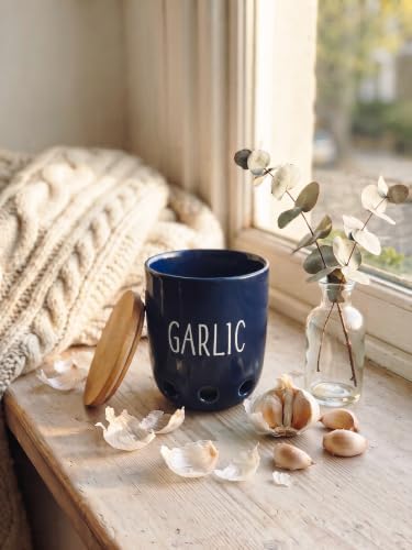 Ceramic Garlic Saver Container with Wood Lid (Navy)