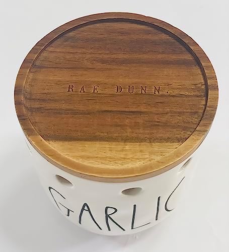 Rae Dunn by Magenta Ceramic GARLIC Keeper Wood Lid 4.5" Tall 4" Diameter