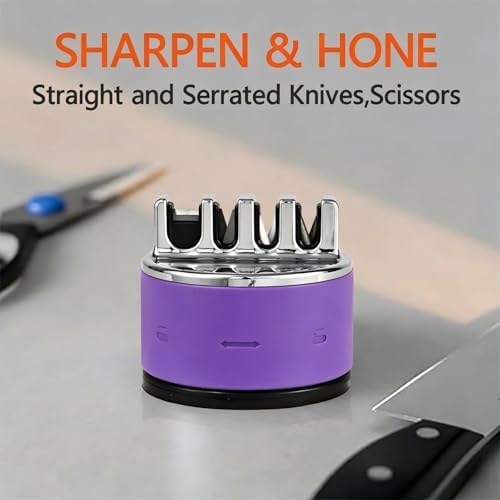 VIRO Compact Suction Kitchen Chef Knife Scissors Sharpener for Straight & Serrated Knives, 4-Stage Knife Sharpening Tool Helps Repair and Restore Blades (Purple)