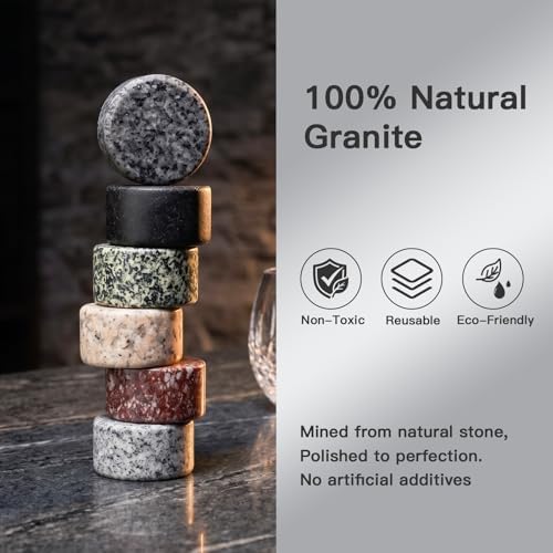 JOVGANK Granite Whiskey Stones Set of 6 with Wood Tray - Reusable Whisky Chilling Rocks for Scotch, Bourbon, Cocktails - Cool Drinks Without Dilution, Perfect Bar Accessories & Gift for Men