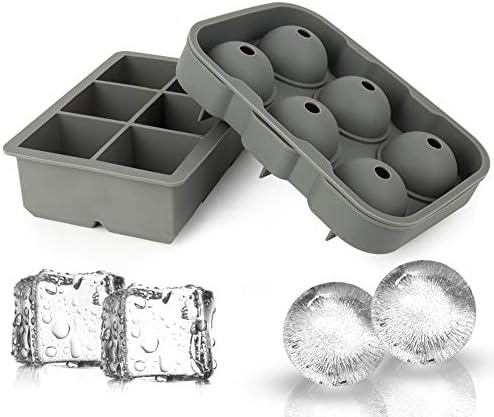 Ticent Ice Cube Trays Set of 2-Silicone Sphere Ice Ball Maker with Lid & Large Square Ice Molds for Whiskey, Cocktail & Brandy (Grey)