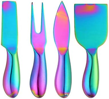 4 Pieces Stainless Steel Cheese Knives Set,Stainless Steel Cheese Knives, Cheese Cutter , Cheese Slicer, Cheese Fork -Rainbow Color