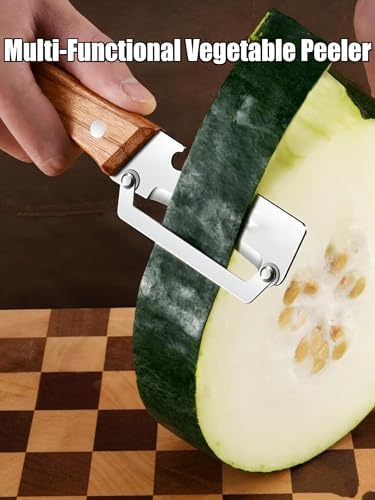 Wooden Peeler, Multi-Functional Vegetable Peeler For Kitchen, Thickened Wooden Handle Fruit Peeler, Ultra Sharp Stainless Steel Blades With Bottle Opener For Potato Pumpkin Papaya (2pc)