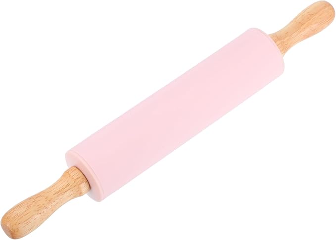 uxcell Rolling Pins for Baking, 12 Inch Silicone Non-Stick Rolling Pin Baking Roller Wooden Handle for Home Kitchen Dough Cookies Pastry, Pink