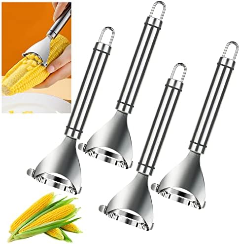 4PCS Magic Corn Cutter Peeler, Corn Stripper Cob Stripper Tool Premium Stainless Steel Corn Thresher Cob Remover Tool with Ergonomic Handle for Kitchen