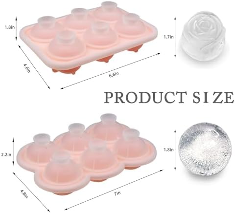 2 Pack Silicone Ice Cube Trays, Pink Rose Ice Cube Mold, Large Sphere Ice Mold with Funnel-type Lid, Makes 6 Rose & 6 Round Ice Balls for Chilling Whiskey Cocktails Drinks