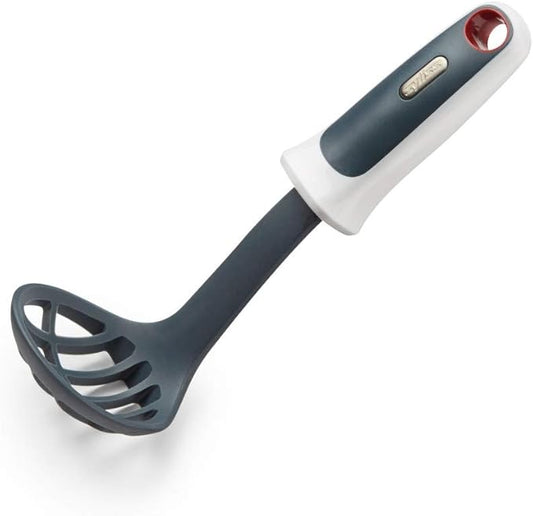 Zyliss Mini Masher & Scoop, 7.5" – Gray/White Handheld Miniature Potato Masher for Baby Food & Guacamole, Ergonomic Non‑Slip Handle, Compact Head Fits Small Bowls, Hanging Loop Kitchen Tool