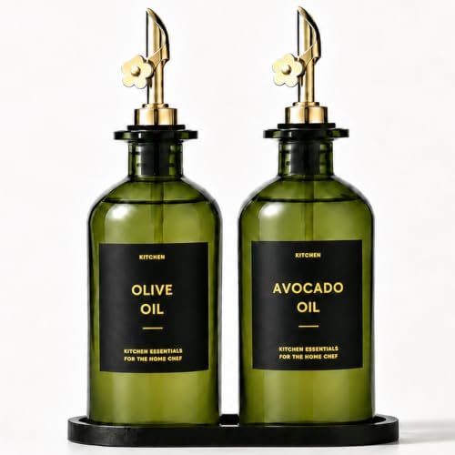 Olive Oil Dispenser for Kitchen, 2-Pack 12oz Glass Bottle with Gold Labels