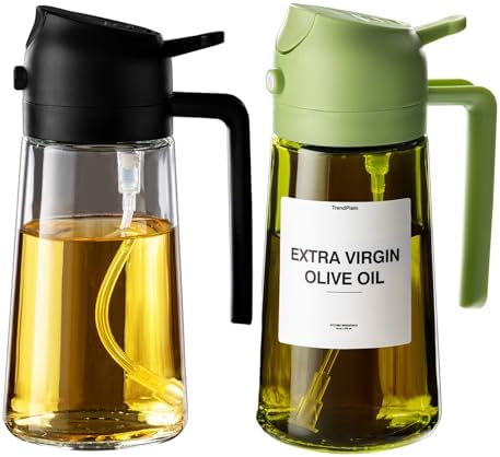 TrendPlain 2-Pack 16oz Olive Oil Dispenser Set - Original & Light-Blocking Bottles with Stickers - Black & Green