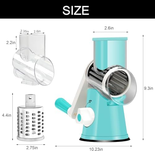 Cambom Rotary Cheese Grater Hand Crank Cheese Shredder for Fresh Cheese, Vegetable, Nuts,Non-slip Suction Base，Three Blades,Blue