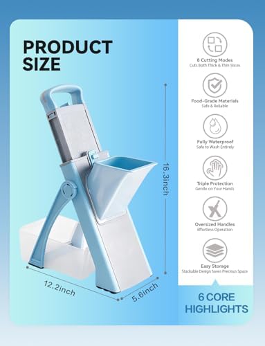 Safe mandoline slicer for kitchen, 8 in 1 Vegetable Chopper, Adjustable food chopper with container, french fry cutter for potatoes, salad chopper tool, Kitchen Chopping Artifact, Gift (SkyBlue)