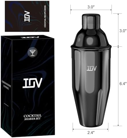 IOV Cocktail Shaker, 24 oz Martini Shaker, Drink Mixer with Built-in Strainer, Professional Stainless Steel Margarita Alcohol Shaker with Cocktail Recipe Guide, Bartender Kit Gifts, Black
