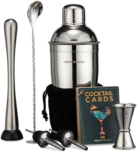 Modern Mixology 8-Piece Cocktail Shaker Set with Velvet Bag | Complete Kit for Bartenders | Includes Shaker with Strainer, Jigger, Muddler, Spoon, Pourers | Travel Bar Essentials (Silver)