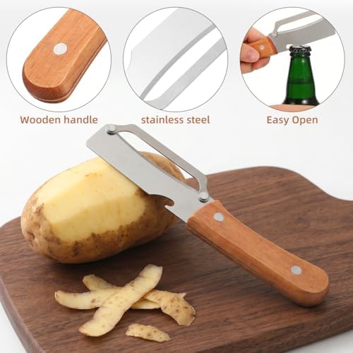 Alipis 4pcs Vegetable Peeler With Bottle Opener, Handheld Fruit Peeler Set For Kitchen - Ergonomic Wood Handle, Stainless Steel Blade For Zucchini, Sugarcane, Cheese, Outdoor Picnic