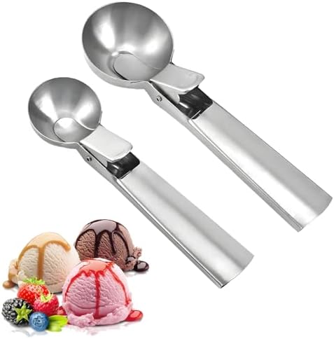 Premium Ice Cream Scoop Set,2 Pcs Stainless Steel Ice Cream Scoop-With Release Trigger,Heavy duty metal,Dishwasher Safe,Suitable for fruit,ice cream,frozen yogurt and sundaes,Small & large