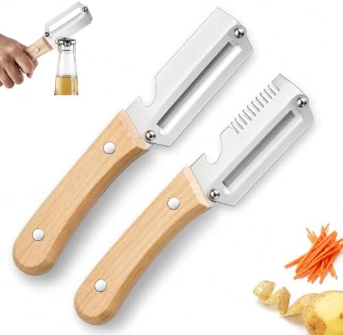 Multifunctional Vegetable Peeler Set, 2 Pack Ultra Sharp Stainless Steel Vegetable Peelers for Kitchen, Heavy Duty Wooden Handle Potato, Fruit & Vegetable Peeler with Julienne Blade, Bottle Opener