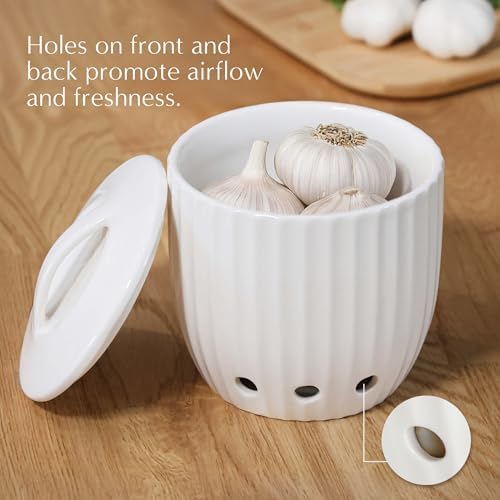 Ceramic Garlic Keeper - Upgraded Packaging! Dishwasher Safe Garlic Holder w/ Lid - Vegetable Storage Keeper w/ Holes for Keeping Veggies Fresh - Modern Countertop Storage Containers for Cooking Lovers
