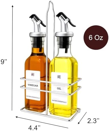 6 Oz Oil and Vinegar Bottle Cruet Set with Wire Caddy – 2 Pack Glass Dispenser Bottles (No-Drip Spout)