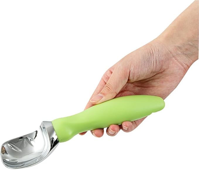 Restaurantware Comfy Grip 7.9 x 2 Inch Kitchen Ice Cream Scoop 1 Heavy-Duty Ice Cream Disher - Ergonomic PP Handle Dishwashable Green Metal Ice Cream Spade With Lid Opener Notch Multi-Use