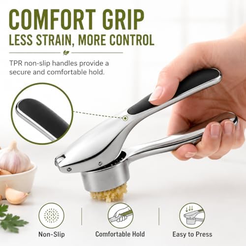 Garlic Press with Cleaning Brush, Zinc Alloy Garlic Mincer, Easy-Squeeze Garlic Crusher with Non-Slip TPR Handle, Mirror Polished Kitchen Tool for Fine Minced Garlic, Garlic Smasher for Daily Cooking
