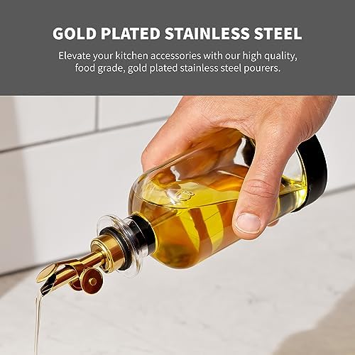 STOVE SHELF Oil and Vinegar Dispenser Set - Oil Dispensers with Silicone Base - Protects the Finish of Your StoveShelf - Glass Bottle with Gold Dispenser - Set of 2