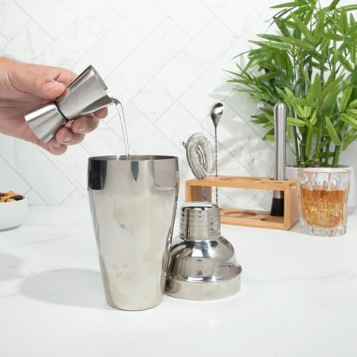 Premium Cocktail Shaker Set with Bamboo Stand, 4-Piece Bar Tools Kit, Stainless Steel Bartender Set with Shaker, Jigger, Mixing Spoon, and Strainer