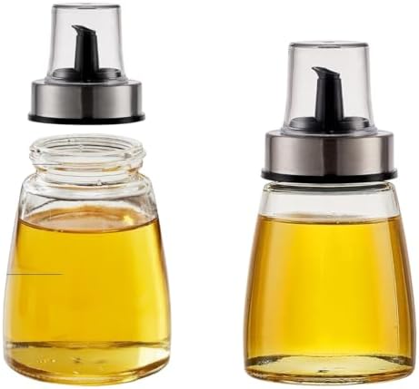 PARENCE. - Oil Bottle 200 ml with Pouring Cap - Glass and Stainless Steel Dispenser - Container for Oil, Vinegar, Sauce - 6.5 x 6.5 x 12.5 cm - Precise and Dripless Pouring