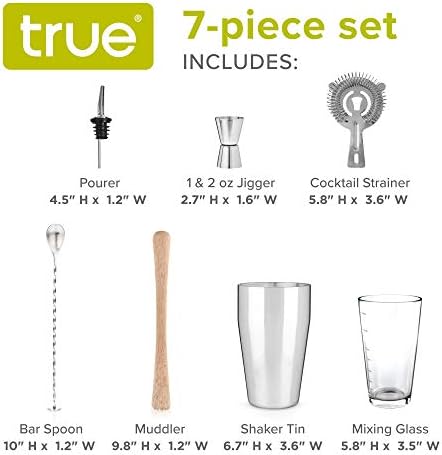True 7-Piece Barware Set for Mixed Drinks and Cold Brew Cocktails, Includes Boston Cocktail Shaker Tin, Mixing Glass, Jigger, Muddler, Strainer, Bar Spoon, Pour Spout for Home Bar, Bartender Gifts