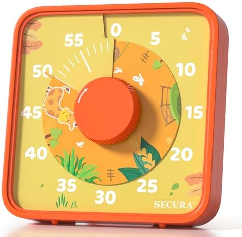 Secura 60-Minute Visual Countdown Timer, 7.5-Inch Oversize Classroom Visual Timer for Kids and Adults, Durable Mechanical Kitchen Timer Clock with Magnetic Backing (Animal & Orange)