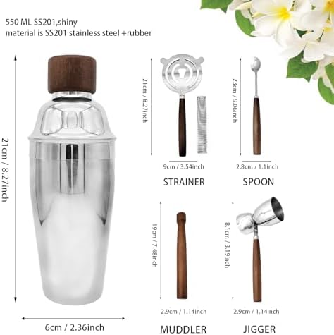 6 PCS Bar Tool Set Kitchen Stainless Steel Bartender Kit with Muddler,Double Jigger,Shaker,Spoon,Strainer Whisky Drink Mixing Essentials for Home Bar Party Celebration Hotel Tenders Set
