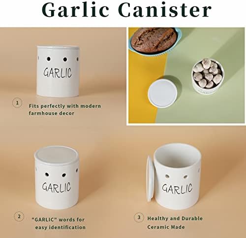 LEETOYI Ceramic Garlic Keeper with Lid, Garlic Container for Counter Easy to Clean,Garlic Saver to Keep Your Garlic Cloves Fresh Longer,Farmhouse Garlic Holder Storage Container, 31 oz White