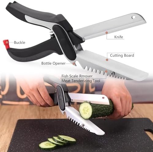 2-in-1 Kitchen Scissors with Replaceable Straight & Wavy Blades, Multi-Functional Kitchen Shears with Integrated Cutting Board, Safety Lock & Dishwasher Safe for Food, cheese, Salad, Fruit