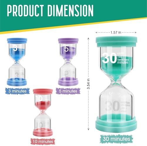 Sand Timer for Kids 4 Pack Colorful Hourglass 3min, 5mins, 10mins, 30mins Sand Clock Timer for Classroom, Games and Kids Room