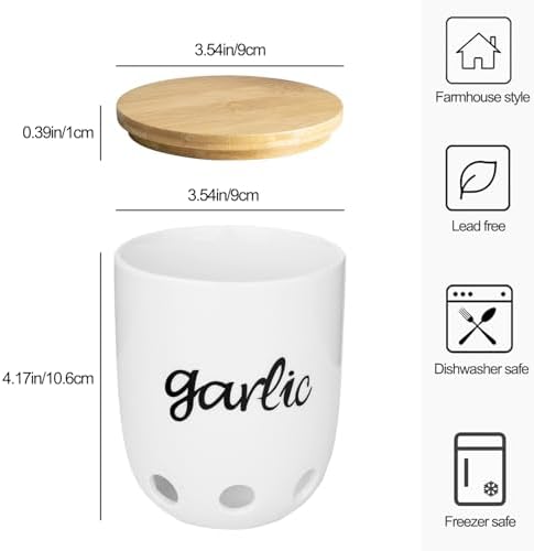 Ceramic Garlic Keeper for Counter with Wood Lid (White)